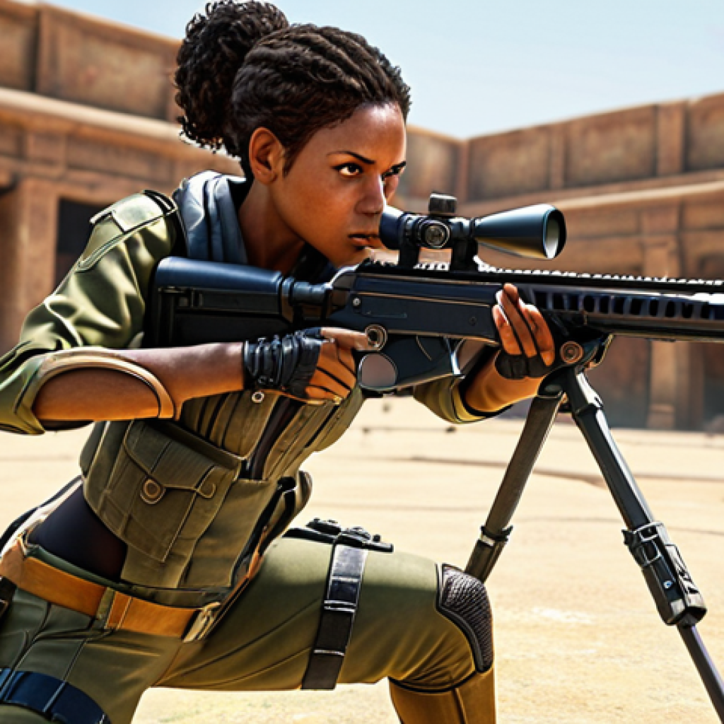 **Prompt:** "Ayana, the sniper, striking a dynamic pose in the Eternal Return arena. Focus on her agility and deadly accuracy with the AWM rifle. Emphasize vibrant colors and a sense of speed."