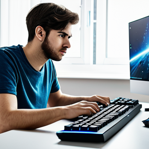 A young adult male gamer, late 20s, with a focused expression showing mild frustration, wearing comfortable, modest casual wear, fully clothed, appropriate attire. He is seated at a clean, modern gaming desk in a well-lit home office setup. In front of him, a high-end gaming PC monitor displays an online game interface with prominent, clearly visible indicators of high ping and packet loss. A gaming keyboard and mouse are neatly arranged on the desk. The room is tidy and professionally organized. professional photography, ultra high definition, perfect anatomy, correct proportions, natural pose, well-formed hands, proper finger count, natural body proportions, safe for work, appropriate content, family-friendly.